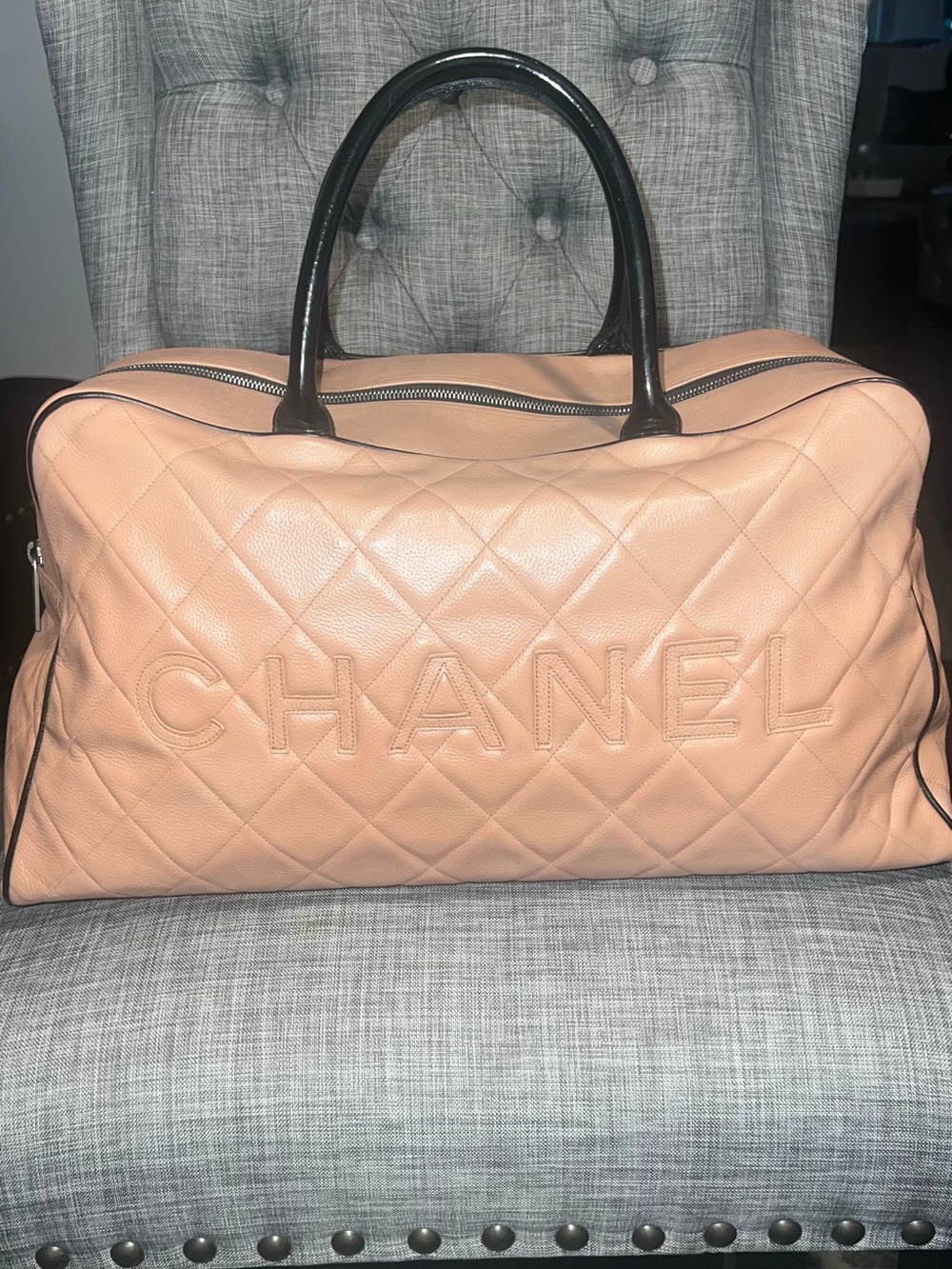 CHANEL Quilted Peach Leather Duffel with Black Handles - Picture 3 of 12